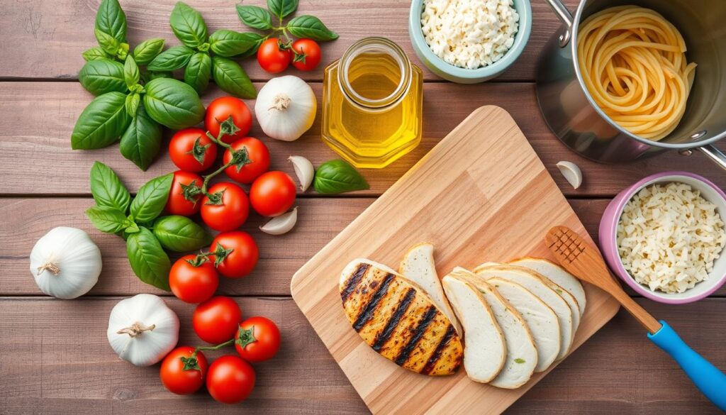 Grilled Chicken Pasta Ingredients and Tools