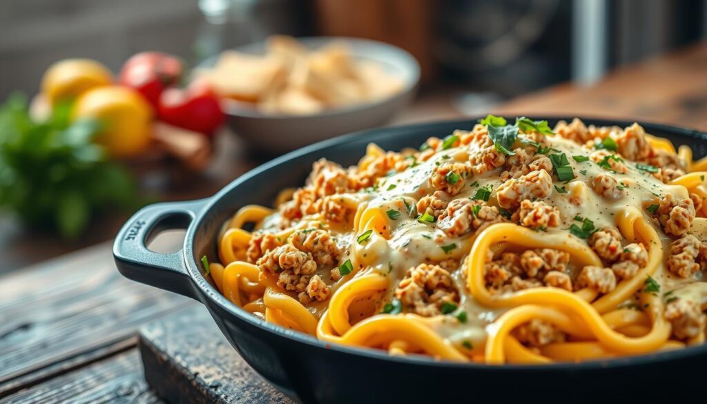 one-skillet cheesy ground chicken pasta recipe